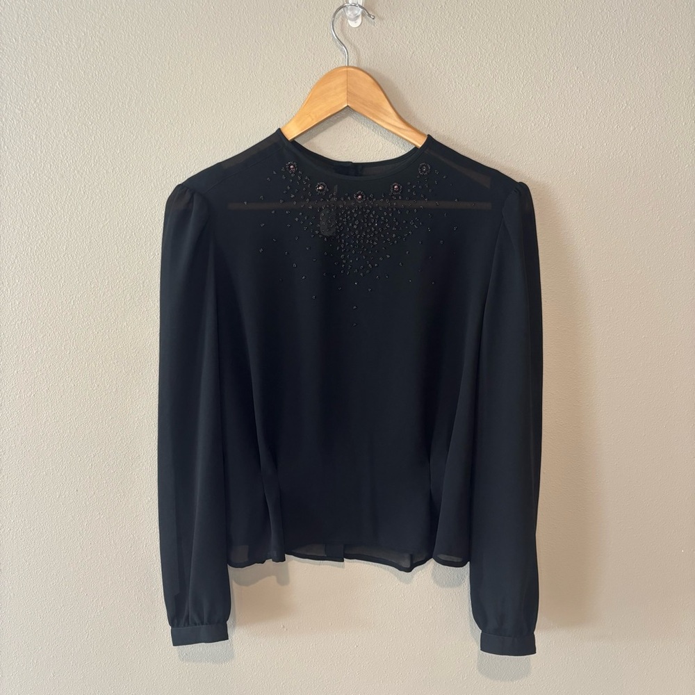 VINTAGE NEIMAN MARCUS Women’s Sheer‎ Black Long Sleeve Peplum Beaded Blouse Sz 4